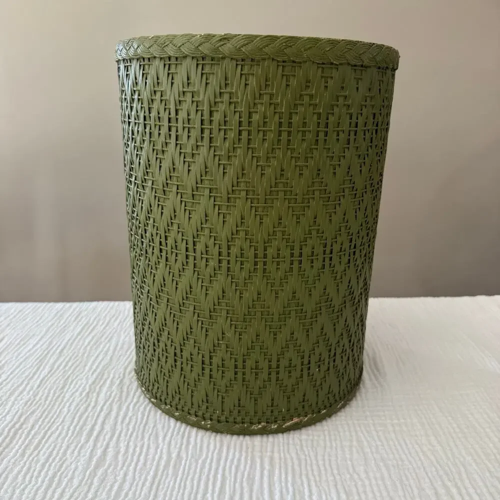 Vintage Trash Can Avocado Green Wicker Woven Round Cylinder 13 x 9 Cottage Farm